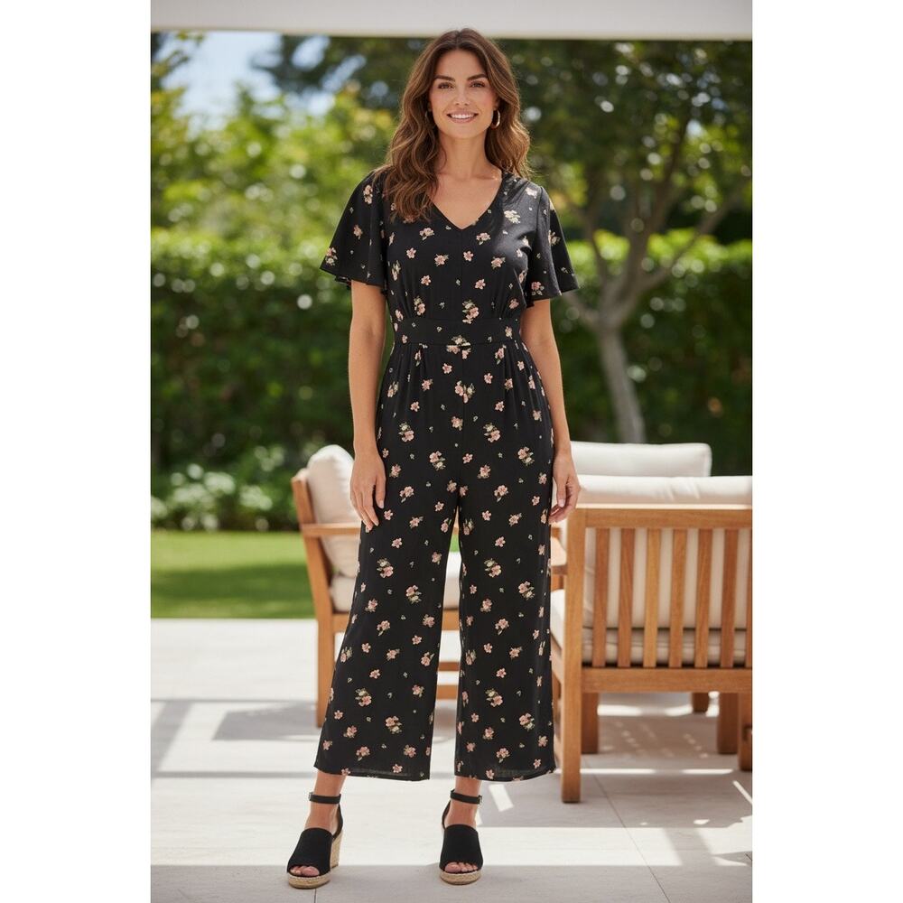 TORRID Black Floral Flutter Sleeve Jumpsuit Plus Size 1 V-Neck Wide Leg Boho - Picture 3 of 10